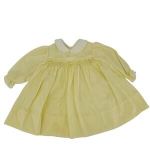 Vintage Polly Flinders Yellow Hand Smocked Dress Lace Trim 18 mo cottage 4020